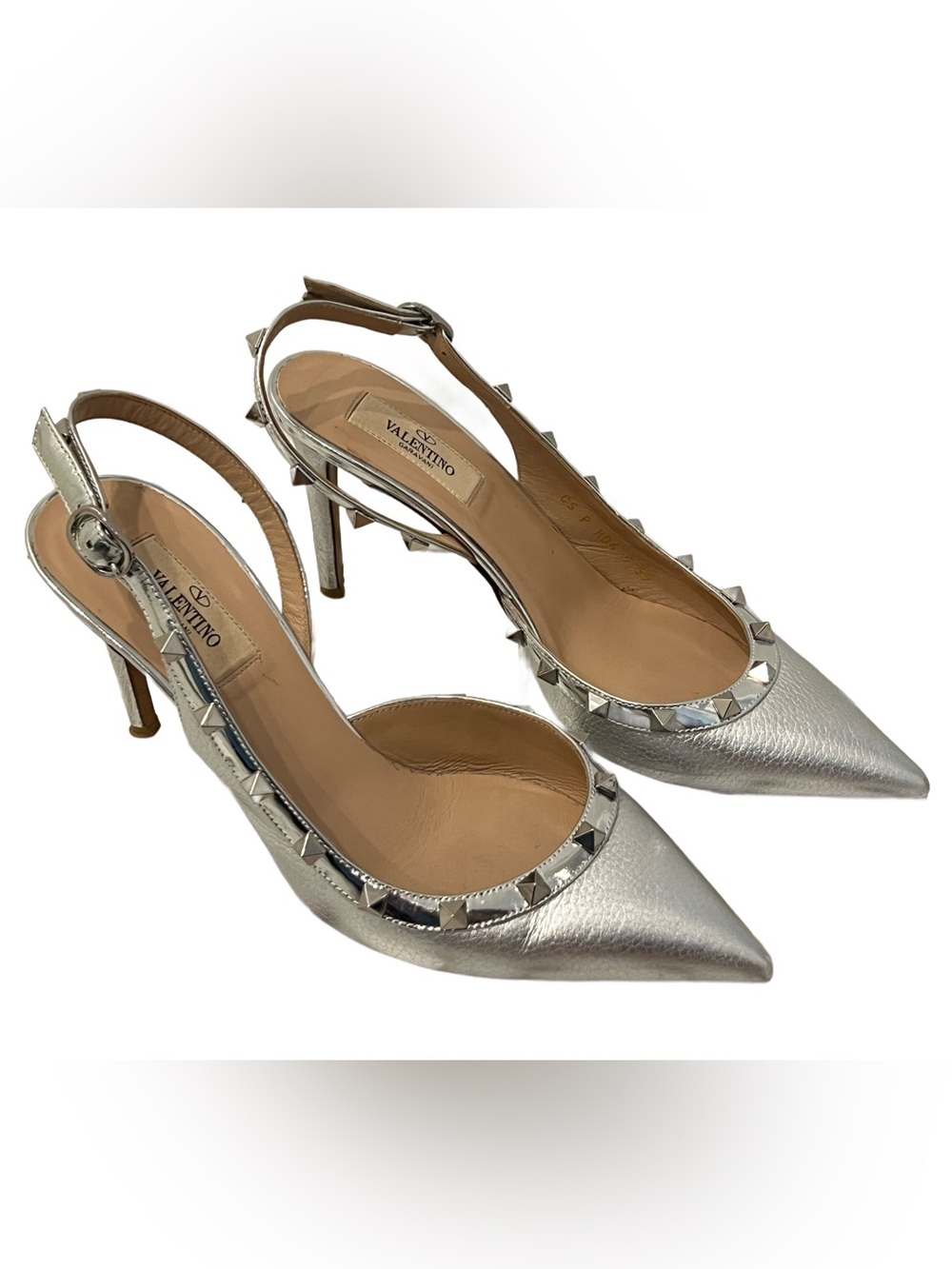 Valentino Garavani Metallic Silver Rockstud Slingback Pointed Toe Heels